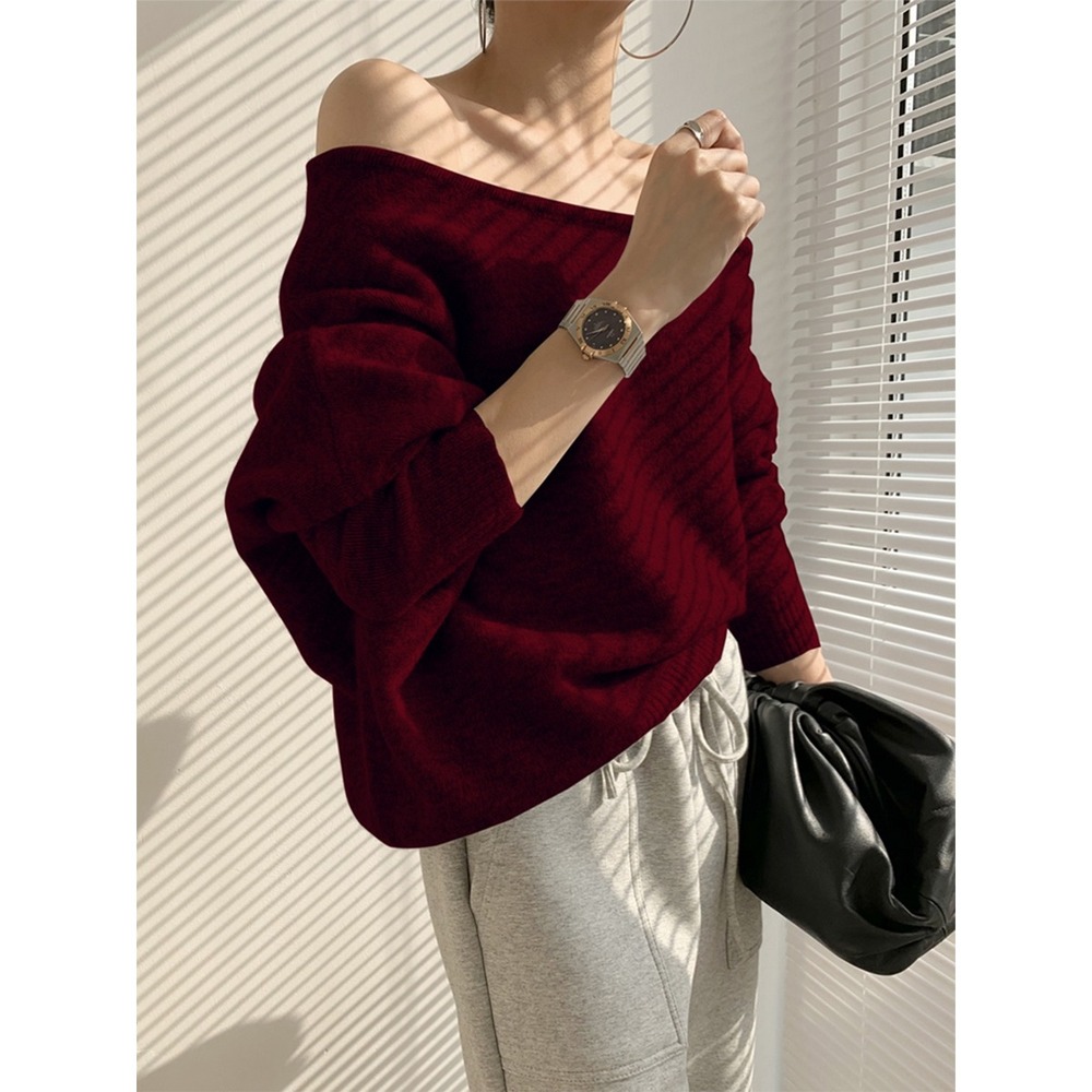 Commense Off Shoulder Knit Sweater Sleeve Pullover Top Red size XS